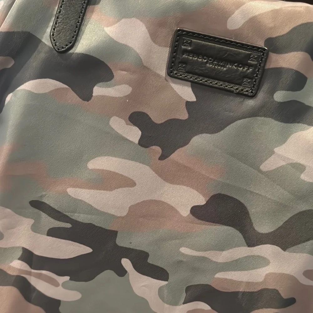 Rebecca Minkoff camouflage camo tote brown leather handles green brown pattern